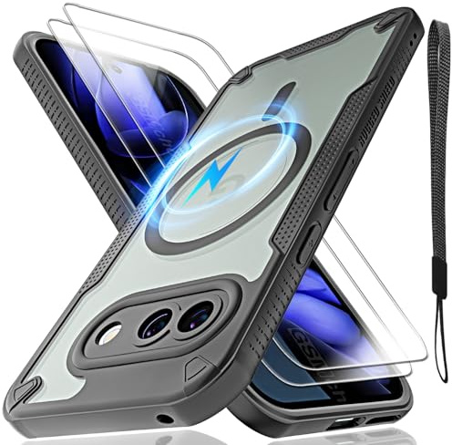for Google Pixel 9A Case, Translucent Matte Back Compatible with Magsafe Magnetic Slim Shockproof Protective Case and Lanyard Strap/2 * 9H Tempered Glass Screen Protector Phone Cover 6.3-inch-Black