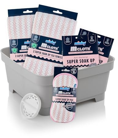 Minky Mcloth Super Soak Up Bundle, Washing Up Bowl, Super Absorbent Microfibre Cloth, Pads and Tea Towels for Kitchen, 5 Cleaning Products, Anti-Bacterial Kitchen Accessories