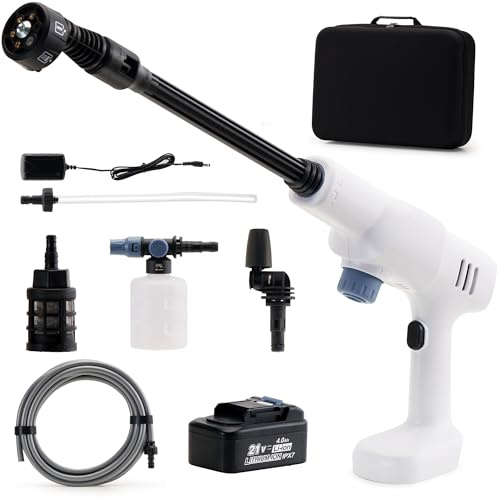 Trisruvian Idropulitrice Portatile a Batteria: 150 Bar 21V 4.0Ah Alta Pressione senza Fili con Ugello 6-in-1 e Autonomia 60 Minuti per Pulizie Esterne Giardino Auto Facciate e Terrazzi