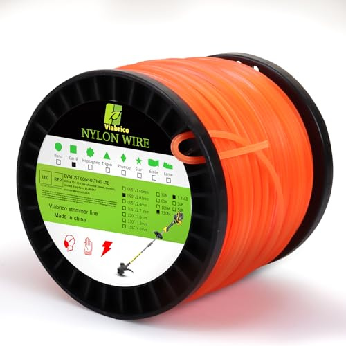 Viabrico Ligne de coupe de 2,0 mm, fil pour débroussailleuse, remplacement de fil carré en nylon de qualité commerciale pour coupe-bordure. 0,203 cm - 129,54 m - 0,612 kg - Bobine