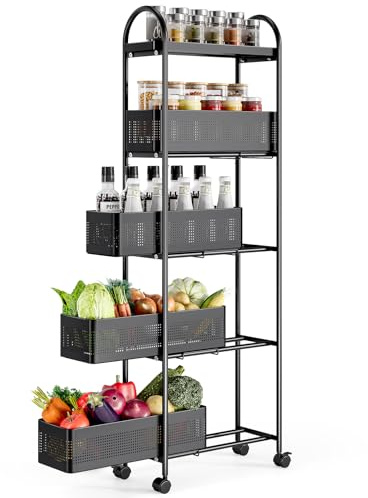 KINGRACK 5-Tier Slim Storage Cart with Pull Out Basket, Rolling Bathroom Organizer Utility, Metal Shelving Unit Slide Out, Lockable Wheels, Easy Assembly for Narrow Place, Kitchen, Laundry Room, Black
