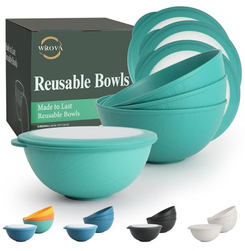 Wrova Salad Bowls Set with Lid 40 oz | Reusable Plastic Deep Bowl - Set of 4 | Unbreakable Serving Bowls for Ramen, Salad, Soup - Microwave and Dishwasher Safe Kitchen Bowl for Camping - DarkGreen