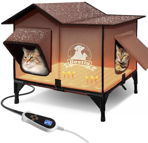 Large Heated Cat House for Outside 21x17x17 in with Elevated Base Cat-Attracting Eave Design Feral Stray Shelter,Intelligent Controller and Waterproof Cat Heated House Shelter for Outdoor