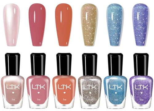 Nail Polish Set - Quick Dry 6Pcs Nail Varnish Set - Nude Pink Pearl Glitter Gold Blue Purple Long Lasting Nail Polish Gift Set - Oil-Based Formula Nail Polish for DIY Nail Art - No Need UV