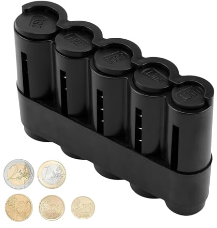 Schwarz Münzsortierer Euro,Münzen Sortierer,Münzspender Euro,Kleingeld Aufbewahrung,Münzbox mit 5 Fächern,Münzhalter Auto,Münzen Box für 2€,1€,50 Cent,20 Cent,10 Cent für Verkaufsstellen Reisegepäck