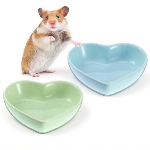 2 PCS Hamster Ceramic Food Bowl, Anti-Turning Heart Hamsters Food Water Dish, Ceramic Pet Bowls for Guinea Pig Gerbil Hedgehog Rat Rodent Bunny Parrots (Green, Blue)