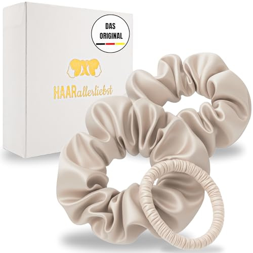 HAARallerliebst® 3er-Set 100% Seide Scrunchie Haargummis mit Pappschachtel, Haargummi für jeden Tag, Haarpflege Scrunchies, ohne Haarschäden (beige, mix)