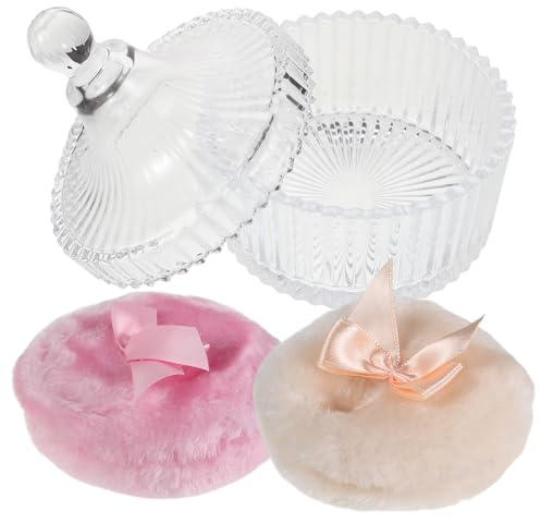LALADEFIEE Weiches Körperpuderquaste mit Plüsch und Glasbehälter Niedliche Schleifenform für Präzise Pflege und Praktisches Aufbewahren bei Babys und Müttern