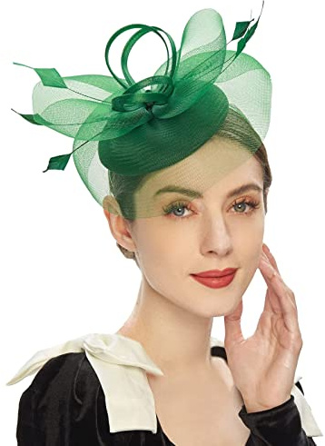 Fascinator Hüte für Damen Karneval 50er Jahre Vintage Spitzenschleier Tea Party Stirnband Fascinator Federhüte Mesh Cocktail-Hochzeits-Kopfbedeckung Hochzeit Kirche -Hut Zubehör (Green, One Size)