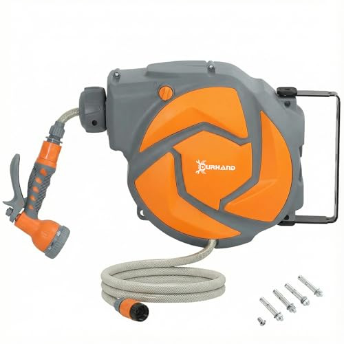 DURHAND Enrollador de Manguera para Jardín 10+1 m de Pared Gris y Naranja | Boquilla de 7 Funciones, Carrete de Manguera de Jardín de Pared, Giratorio 180°, Retorno Enrollado Automático