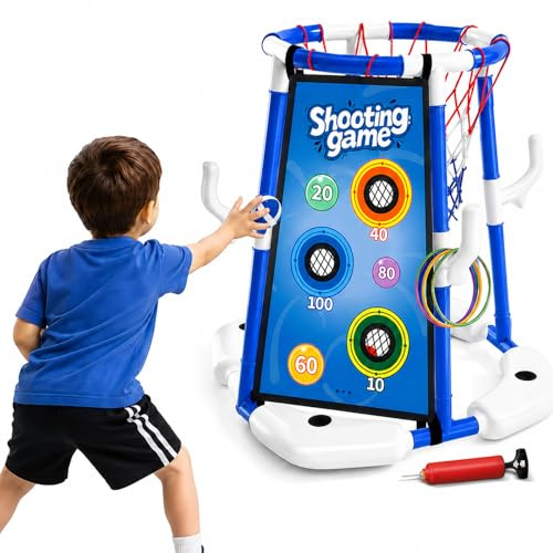 Sternstunde Pool Basketballkorb Kinder mit 4 Basketballs, 12 Wurfringen, 12 Klebebällen und 2 Veloursstoffen, Wasserspielzeug Kinder Outdoor & Pool Spielzeug