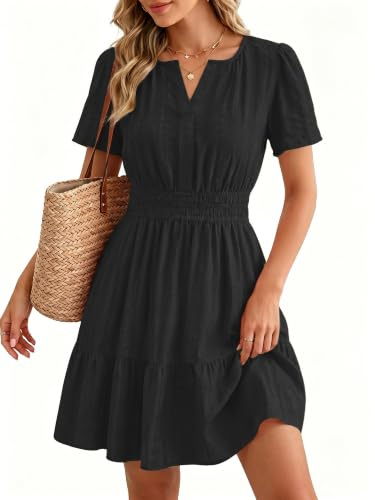 Timormode Womens Summer Casual Vacation Mini Dress with Pocktes Black S | Short sleeves, Empire Waist, A Line, V Neck, Flowy Swing Sun Dress, Cotton, Boho Short Dresses with Pockets