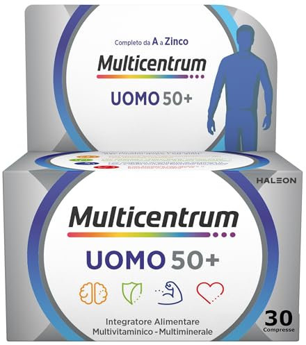 Multicentrum Uomo 50+ Integratore Alimentare Multivitaminico Completo, con Vitamina D3, Supporto Contro la Stanchezza per Uomini oltre 50 anni, 30 Compresse