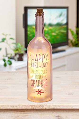 BRUBAKER Bottle Light with Imprint 'Happy Birthday' 5 LED Lights 12.6 Inches High Light Pink
