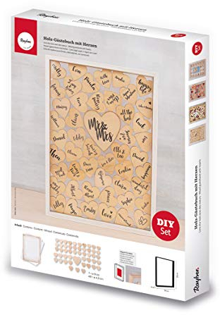 Rayher Holz Gästebuch mit Herzen für Hochzeit, Taufe und Geburtstag, Holzrahmen zum Stellen inkl. 50 Holzherzen, 35x26x4 cm, Natur, FSC Mix Credit, 62966505