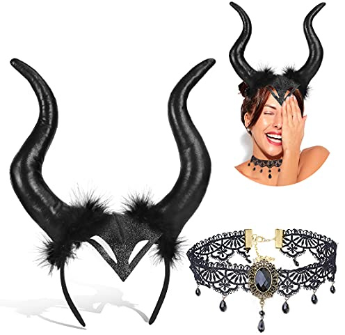 Wishstar Halloween Copricapo Cornuto Nero，Set di Collana di Pizzo con Copricapo di Corna Gotiche，Corna Diavolo Halloween， Carnevale Cosplay Ballo in Maschera Party