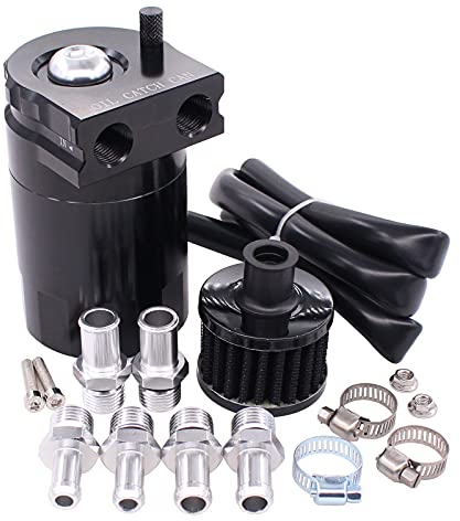 HouYeen 300ML Oil Catch Breather Can Universal Aluminum Reservoir Tank 2 Port Hose with Filter Set Black