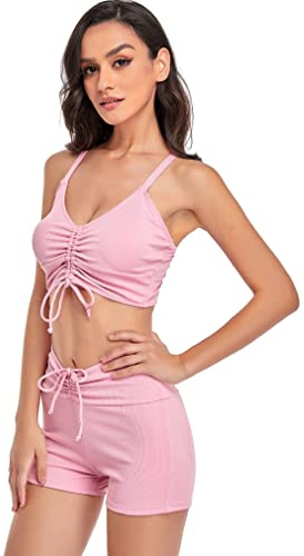 Jarseila Maillot de Bain 2 Pièces Femme Sexy Halterneck Push Up Bikini Culotte Taille Haute Maillot de Bain Shorty Bikini Tankini, Rose, XXL