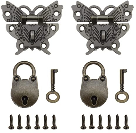 Create idea 2 x Schmetterlingsförmige Haspen & 2 x kleine Bären-Vorhängeschlösser, antike dekorative Verriegelungsschnalle für Vintage-Holzbox, Schmuckschatulle, Schrank, Bronze