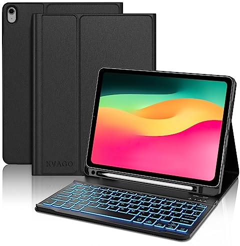 KVAGO for iPad(A16)11th 10th Generation Case with Keyboard, 7 Color Backlit Wireless Detachable Keyboard, Folio Keyboard Cover with Pencil Holder for iPad 11 inch 2025 10th Gen 10.9 Inch 2022 (Black)