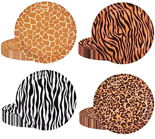 64 Piatti di Carta Safari da 22,9 cm - Stampa Animale Leopardata, Zebrata, Tigre, Giraffa - Usa e Getta per Feste di Compleanno e Zoo