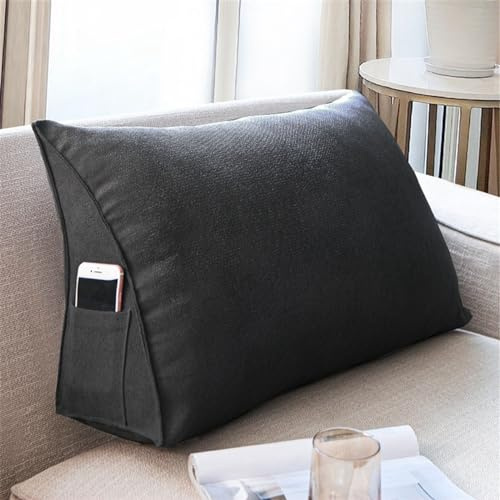 Treer Rückenkissen Lesekissen Keilkissen für Bett Sofa, Farbe Großes Lendenkissen Rückenlehne Dreieckigen Abnehmbarem Bezug Kopfteilkissen Bettkissen mit Seitenfach (60 * 35 * 20cm,Schwarz)