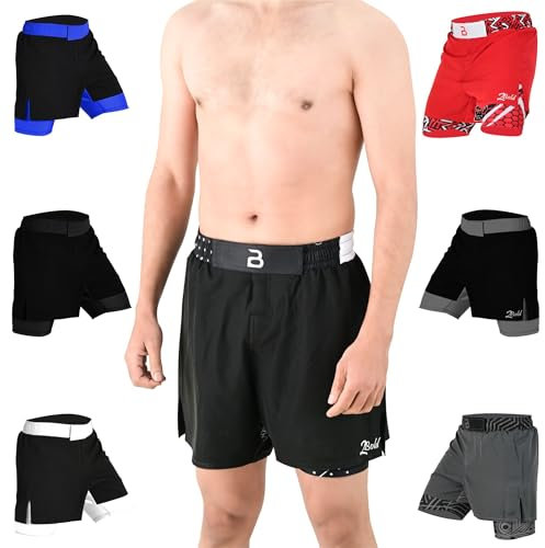 2BOLD MMA Shorts Men’s BJJ, Grappling, JIU-Jitsu, NO-GI Cross Training, Built in Compression Running Shorts (US, Alpha, Small, Regular, Regular, Black-Inner)