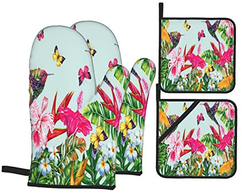 Topflappen Und Topflappen Set Von 4 Tropische Blumen, Kolibris, Palmblätter, Blätter, Weich, Zottelig Grillhandschuhe Hitzebeständige Druck Topfhandschuhe, Für Mikrowelle, Grillen