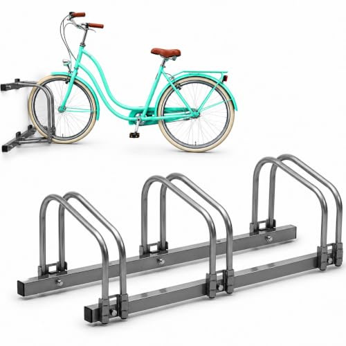 Arebos Fahrradständer für 3 Fahrräder | Mehrfachständer mit 21cm Radabstand | Fahrradhalter für 35-60 mm Reifenbreite | Radständer 70 x 30 x 26 cm | Boden- oder Wandmontage | Aufstellständer Silber