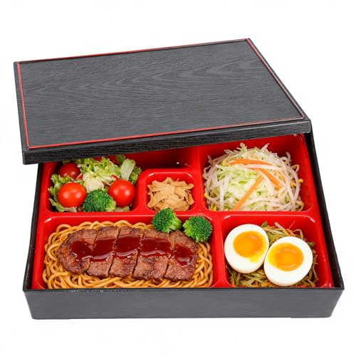 Caja Bento Japonesa, Fiambrera Todo en Uno para Adultos, Bandeja de Sushi Tradicional, Contenedor de Alimentos Reutilizable y Liviano con 5 Compartimentos, Contenedor de Salsa para Restaurante