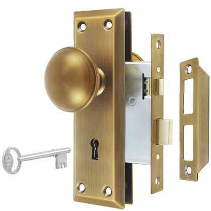 Newliplace Ensemble de serrure à mortaise pour porte intérieure, boutons de porte vintage en laiton antique avec serrure et clé squelette, remplacement des portes anciennes