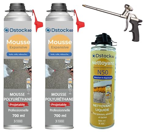DSTOCK60 – Pack de 2 mousses expansives polyuréthanes projetables 700 ml + 1 pistolet + 1 nettoyant mousse - compatible multi-surfaces - application facile et rapide