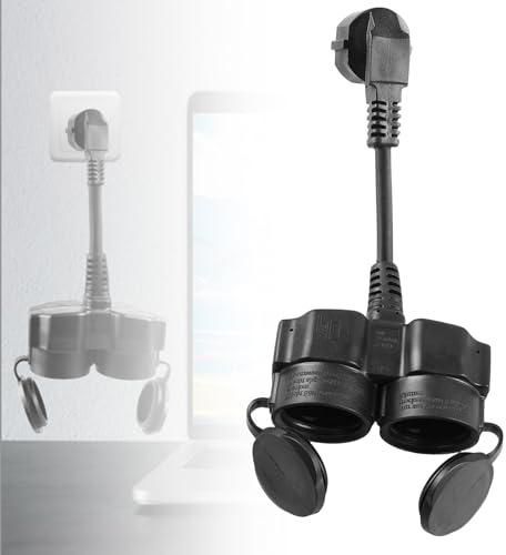 Sporgo Cavo di prolunga con 2 prese Schuko, protezione esterna a contatto breve con 2 prese AC IP44 impermeabili, doppio adattatore per presa, ufficio e casa, 1,5mm², 250V/16A