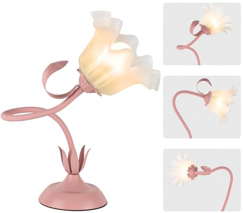 Fuzzbopn Cute Flower Desk Lamp, 3 Color Temperature Table Lamps with LED Bulb, Vintage Bedside Lamp, Reading Lamps with Soft Light for Bedroom, Living Room（Pink）