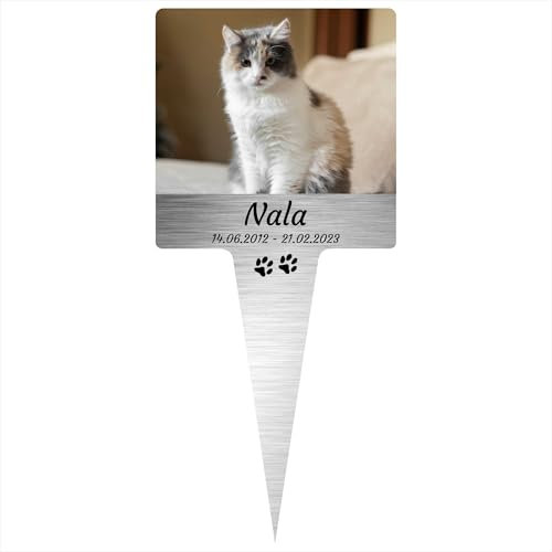 INDIGOS UG - Piquet funéraire pour votre animal de compagnie - Chat - 10 cm - Aspect acier inoxydable - Piquet commémoratif résistant aux intempéries - Décoration funéraire - Personnalisable avec