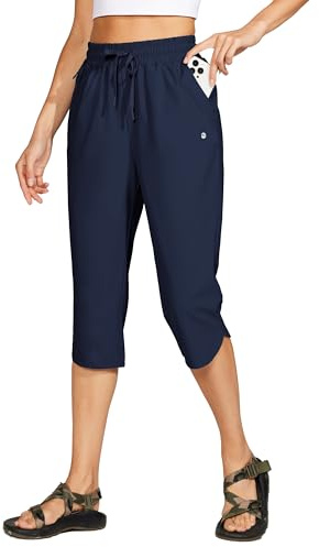 WILLIT Badbyxor för kvinnor, capribyxor, badshorts, snabbtorkande simbräda, strand, atletisk capris med fickor, lätt UPF 50 + 18 tum, marinblå, M