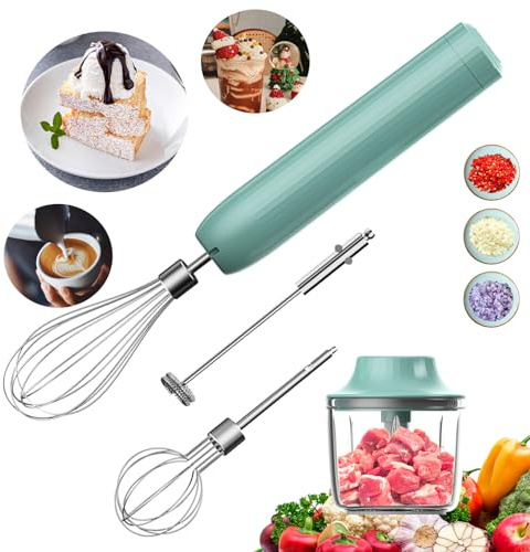 Mixeur 4-en-1, Fouet Électrique, Mousseur à Lait, Petit Mixeur Plongeant Sans Fil, Mini Hachoir à Oignons 300ML, Mousseur à Lait Portable Rechargeable pour Café, Lattés, Cappuccinos, Matcha,4 Vitesses