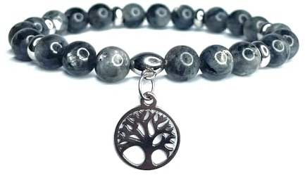 Labradorit armband natursten storlek 8 mm pärlor med livets träd charm - elegant unisex smycke - märke Felicidade - mystisk och andlig gåva för män och kvinnor, Taille unique, Halvädelstenar,