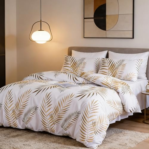 Gezu Set Housse de Couette 220x240cm Doré Motif Feuilles Tropicales Dorées Botanique Parure de Lit 2 Personnes Doux Microfibre Linge de Lit avec Fermeture Éclair et 2xTaies d'oreiller 65x65, Or Blanc