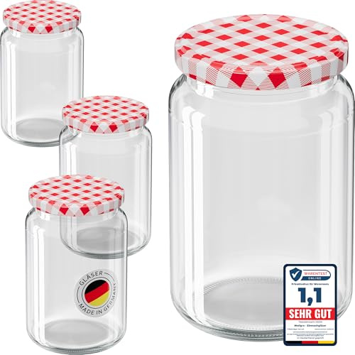 WELLGRO Einmachgläser mit Schraubdeckel TO 82 – rot kariert - Made in Germany - Luftdichte Rundgläser ideal zum Einkochen und Aufbewahren (635ml x 12 Stück)
