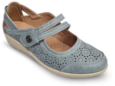 Cushion Walk Wide Fit Ladies Mary Jane Comfort Shoes Womens EEE Loafer Sandals Wedge Summer Holiday Touch Strap UK 4-8 (Blue, UK Footwear Size System, Adult, Women, Numeric, X-Wide, 7)
