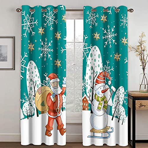 Verdunklungsvorhänge mit Weihnachtsschneemann für Kinderzimmer, 261 x 213 cm, grüne Sterne, wärmeisoliert, Raumverdunkelung, Ösenvorhänge, Kinderzimmer-Vorhänge