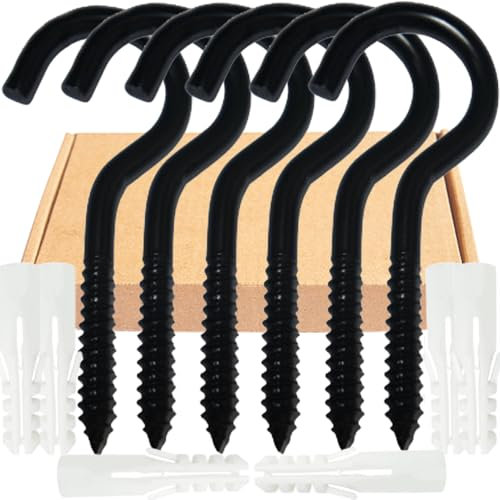 6 Ganchos de Rosca M8x100mm Ganchos de Techo de Acero Inoxidable Tornillos Pesados Grandes Ganchos Negro para Atornillar con Tornillo de Expansión Adecuado para Hamacas Toldos Sillas Colgantes