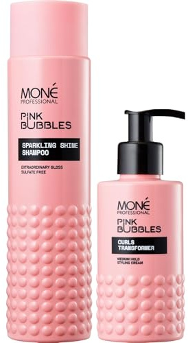 MONÉ PROFESSIONAL Set lockkräm och glans schampo – Curls Transformer + Sparkling Shine – Definierade lockar, färgvård, fukt, strålande glans – utan sulfater – vaniljdoft – 150 ml + 300 ml