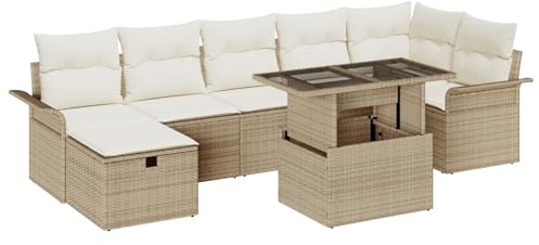 vidaXL 8-delad trädgårdsoffset med kuddar poly rattan | Modulär utomhusmöbel rektangulärt soffbord förvaringsfunktion väderbeständigt beige & grädde 4-sits patio matplats lounge