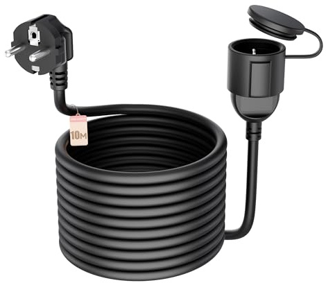 Verlängerungskabel IP44 10m wasserdicht & schwarz – Outdoor Stromkabel mit Schuko-Steckdose und Schutzdeckel für Garten, Camping, Landwirtschaft – Robustes PVC-Kabel (3000W) gegen Regen und Staub