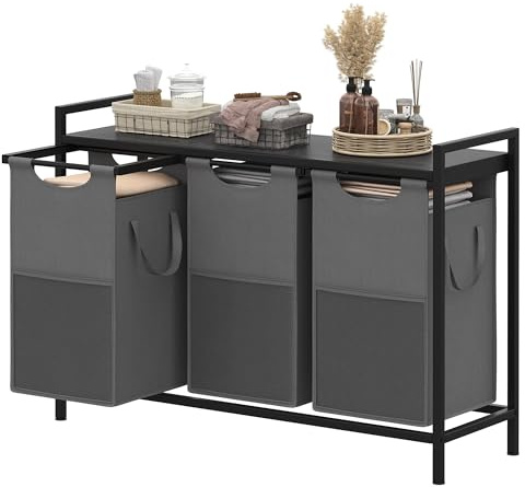 Heybly Wäschekorb mit 3 Fächern, 3×56.8L, Waschesammler mit Aufbewahrungsgestell, Waschebox mit abnehmbaren Oxford-Stoffbeuteln für Wäscherei, Badezimmer und Wohnheim, Anthrazitgrau HLH003BG