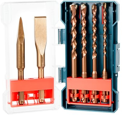 SDS-Plus Jeu de 6 forets et burins (6-12 mm) pour béton/pierre/maçonnerie avec burins plats et pointus