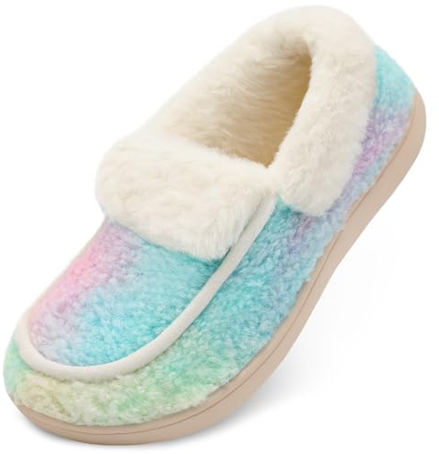 BARERUN Comfy Slippers for Women Warm Fuzzy Collar Slipper Boots for Women House Shoes Moccasin Winter Shoes Camping Travel Slippers with Non Slip Rubber Sole Indoor/Outdoor Colorful 9.5 Wide