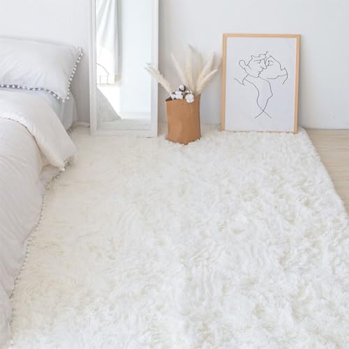 Swsen Tapis de Salon Super Doux - Tapis Shaggy Moelleux Antidérapant - Tapis Moderne Lavable à Poils Longs et Hauts 50x80cm, Blanc